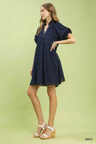 Umgee Navy Textured Tiered Ruffle Collar Mini Dress
