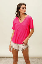 BiBi Fuchsia Waved Rib U Neck Top With Front Pocket FUCHSIA