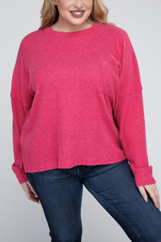 Zenana Plus Size Ribbed Brushed Melange Hacci Sweater FUCHSIA ZENANA