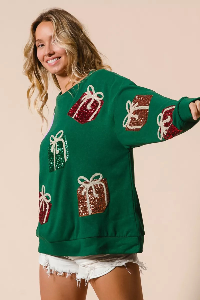 BiBi Green Sequin Christmas Gift Box Embroideries Pullover