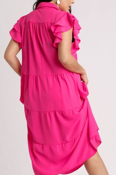 Umgee Hot Pink Johnny Collar Ruffle Cap Sleeve Tiered Dress