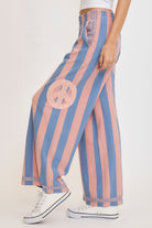 Umgee Washed Dusty Blue & Pink Peace Sign Patch Striped Wide Leg Pants Pants