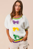 BiBi Ivory Short Puff Sleeve Ribbon Bow Mardi Gras Sweater