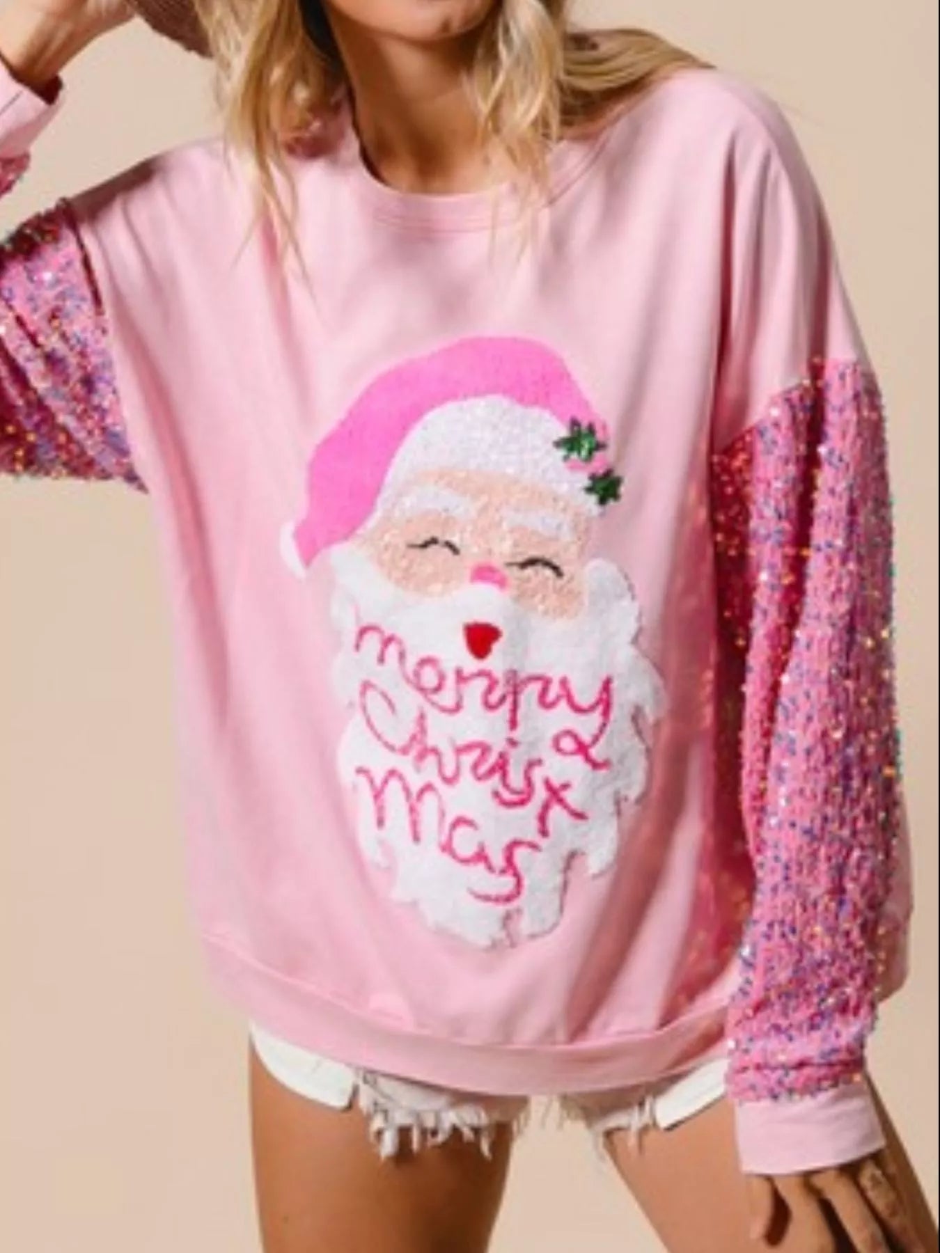 Preorder: Christmas Theme Sequin Long Sleeve Sweatshirt Pink