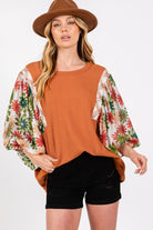 SAGE + FIG Caramel Printed Balloon Sleeve Contrast Top Caramel Trendsi