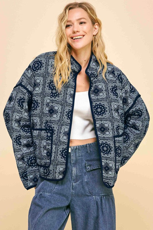 Davi & Dani Vintage Bandana Print Quilted Open Front Jacket with Pockets Coats & Jackets