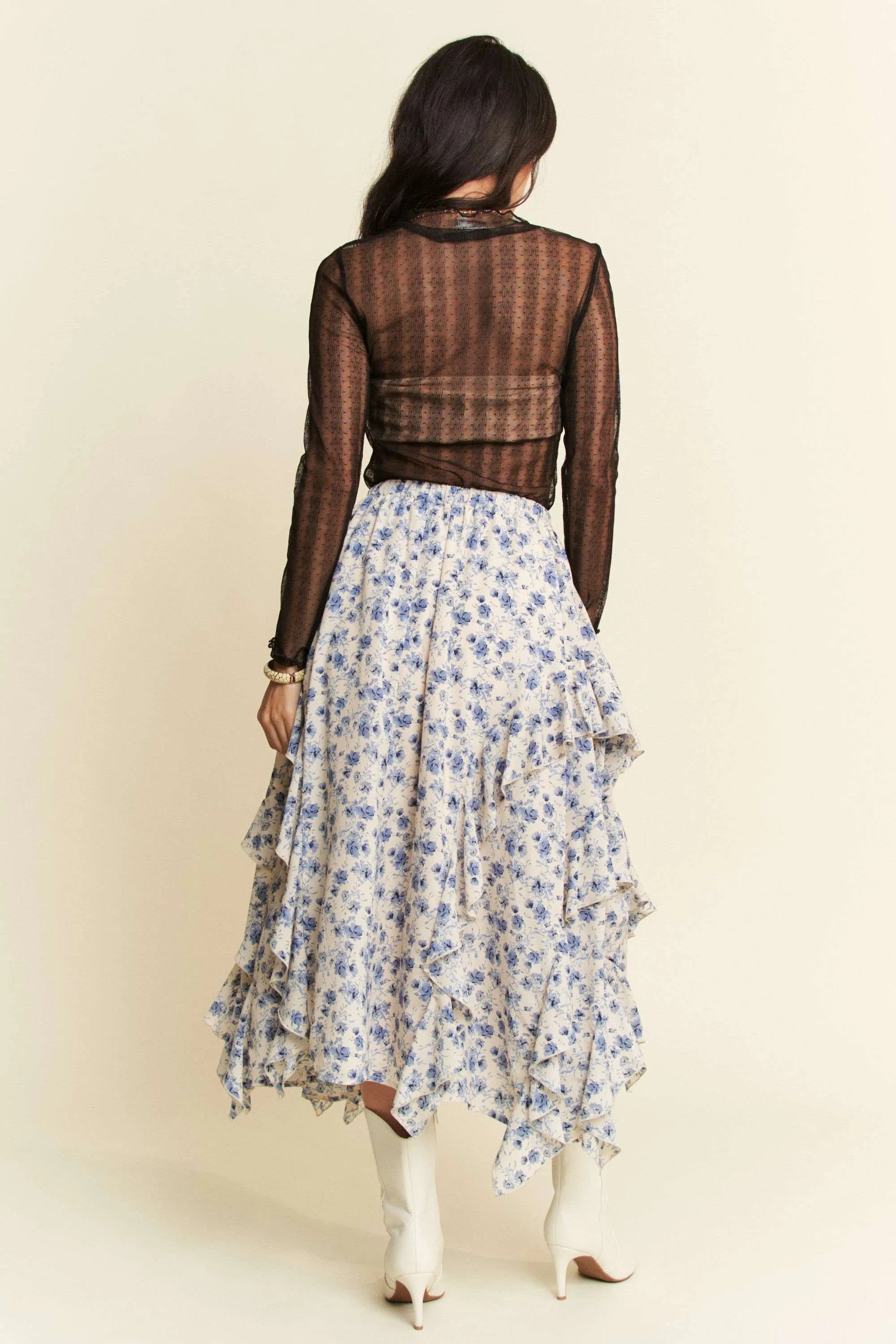 Davi & Dani Black Turtle Neck Lace Dotted Stretch Mesh Sheer Top