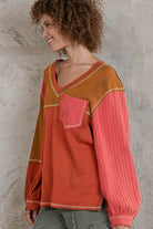 POL V-Neck Knit Panel Exposed Seam Top in Brick Trendsi