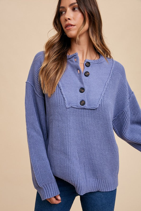 Annie Wear Light Indigo Half Button Ribbed Hem Sweater