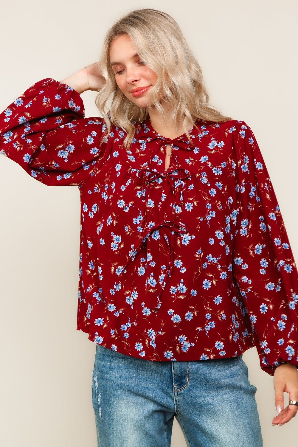 Haptics Burgundy Ribbon Detail Yoke Bubble Long Sleeve Floral Print Woven Blouse