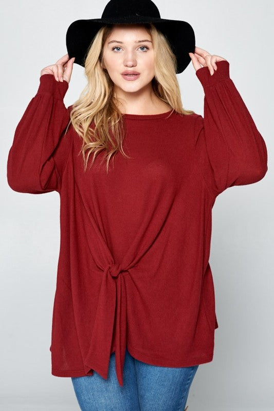 Super Lady Burgundy Round Neck Knot Front Hacci Blouse Shirts & Tops