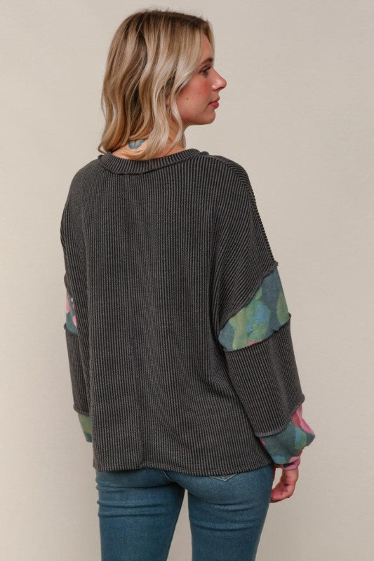 Haptics Floral & Charcoal Color Block Bubble Long Sleeve Knit Top