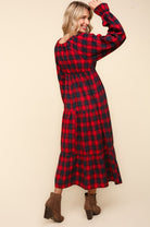 Haptics Holiday Red Plaid Elastic V Neck Tiered Maxi Dress Haptics