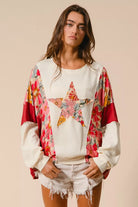 BiBi Floral Print Mixed Star Patch Round Neck Sweatshirt