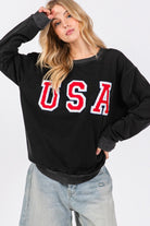 SAGE + FIG Mineral Washed USA Letter Patch Round Neck Sweatshirt in Black Black Shirts & Tops