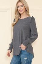 Reborn J Swiss Dot Ruffled Long Sleeve Charcoal Blouse