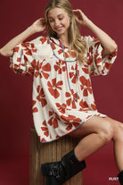 Umgee Two Tone Floral Tie-Neck Babydoll Dress in Rust Rust