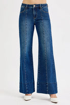RISEN Dark Washed Tummy Control Mid Rise Seam Detail Wide Flare Jeans