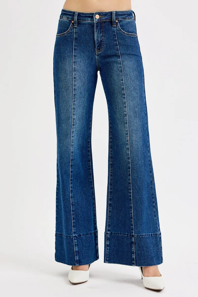 RISEN Dark Washed Tummy Control Mid Rise Seam Detail Wide Flare Jeans