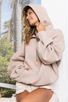 BiBi Taupe Stitch Detailed Elastic Hem Half Zip Fleece Hoodie