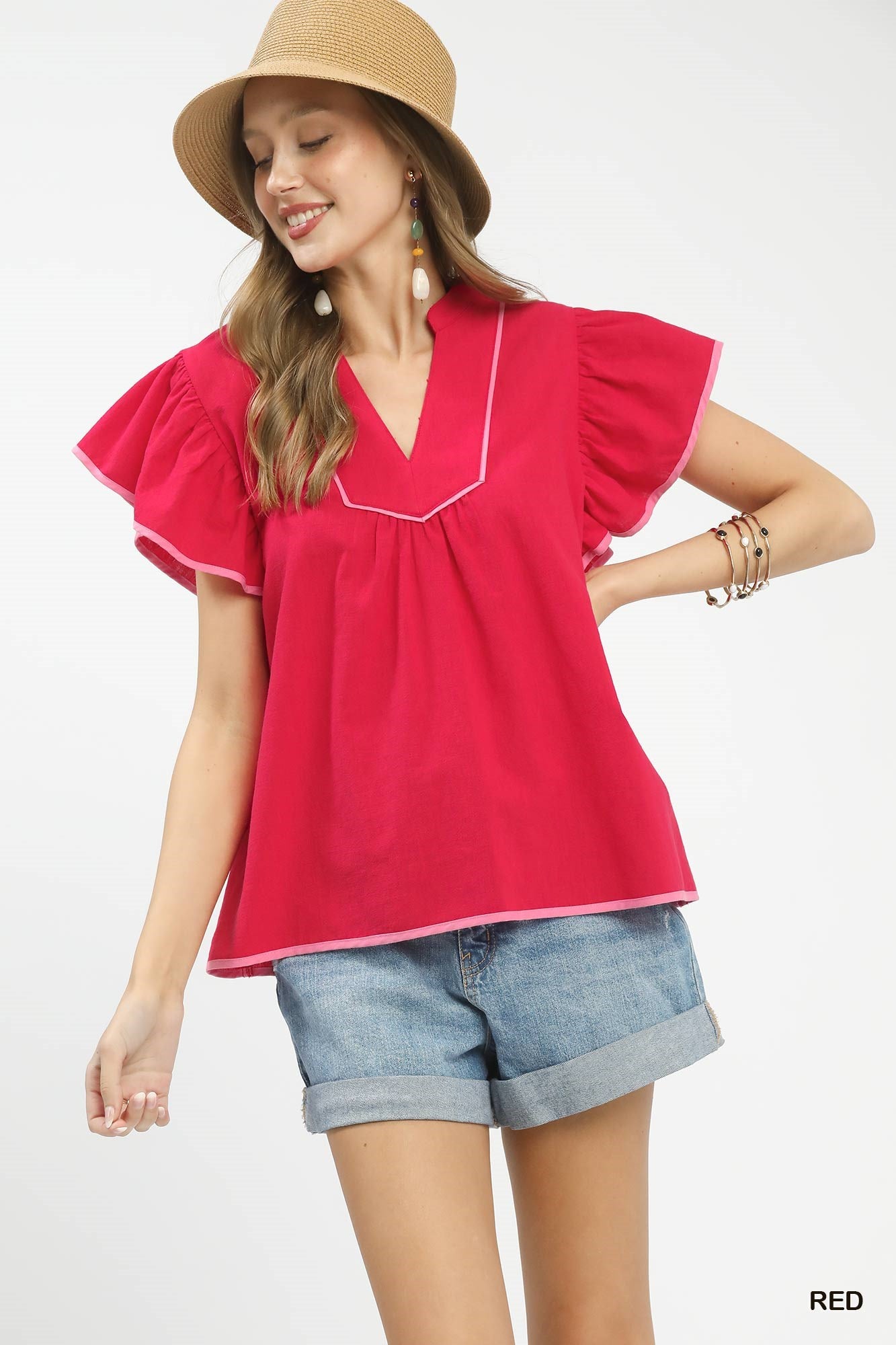 Umgee Red Contrast Trim Babydoll Blouse Red