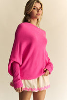 Davi & Dani Hot Pink Mafulus Crewneck Batwing Sleeve Sweater Trendsi