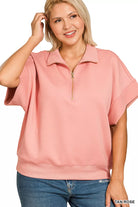 Zenana Tan Rose Scuba High Neck Half Zip Short Sleeve Top
