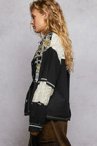 POL Printed Woven Mix Raw Hem Jacket with Lace Detail