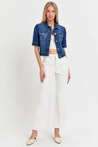 RISEN Dark Washed Puffed Short Sleeve Crop Denim Jacket
