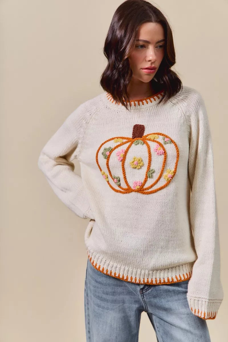 SO ME Pumpkin Floral Embroidered Thanksgiving Sweater IVORY