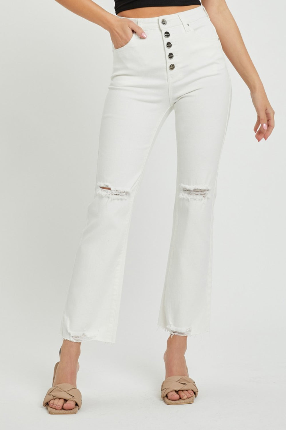 RISEN White High Rise Button Fly Straight Ankle Jeans White Trendsi