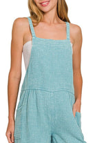 Zenana Dusty Teal Washed Double Gauze Tie Back Romper