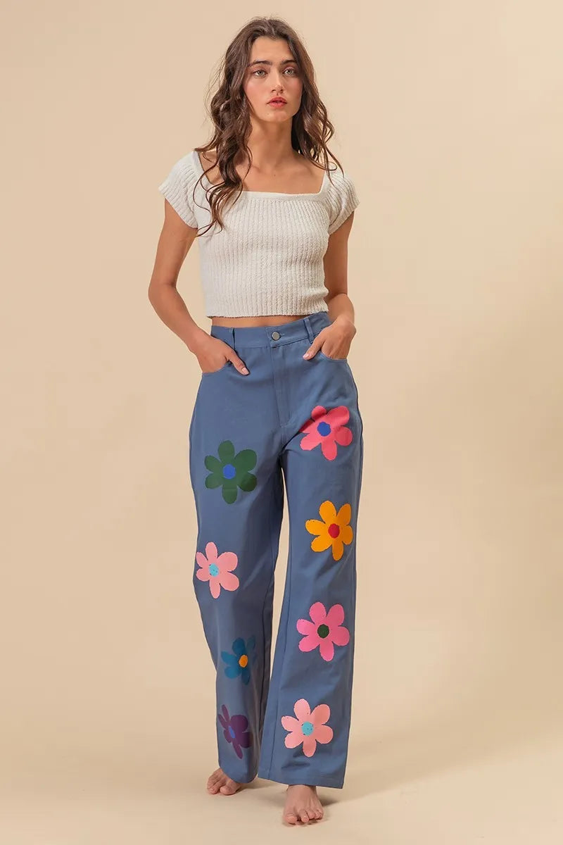 BiBi Flower Print Straight Legs Denim Pants