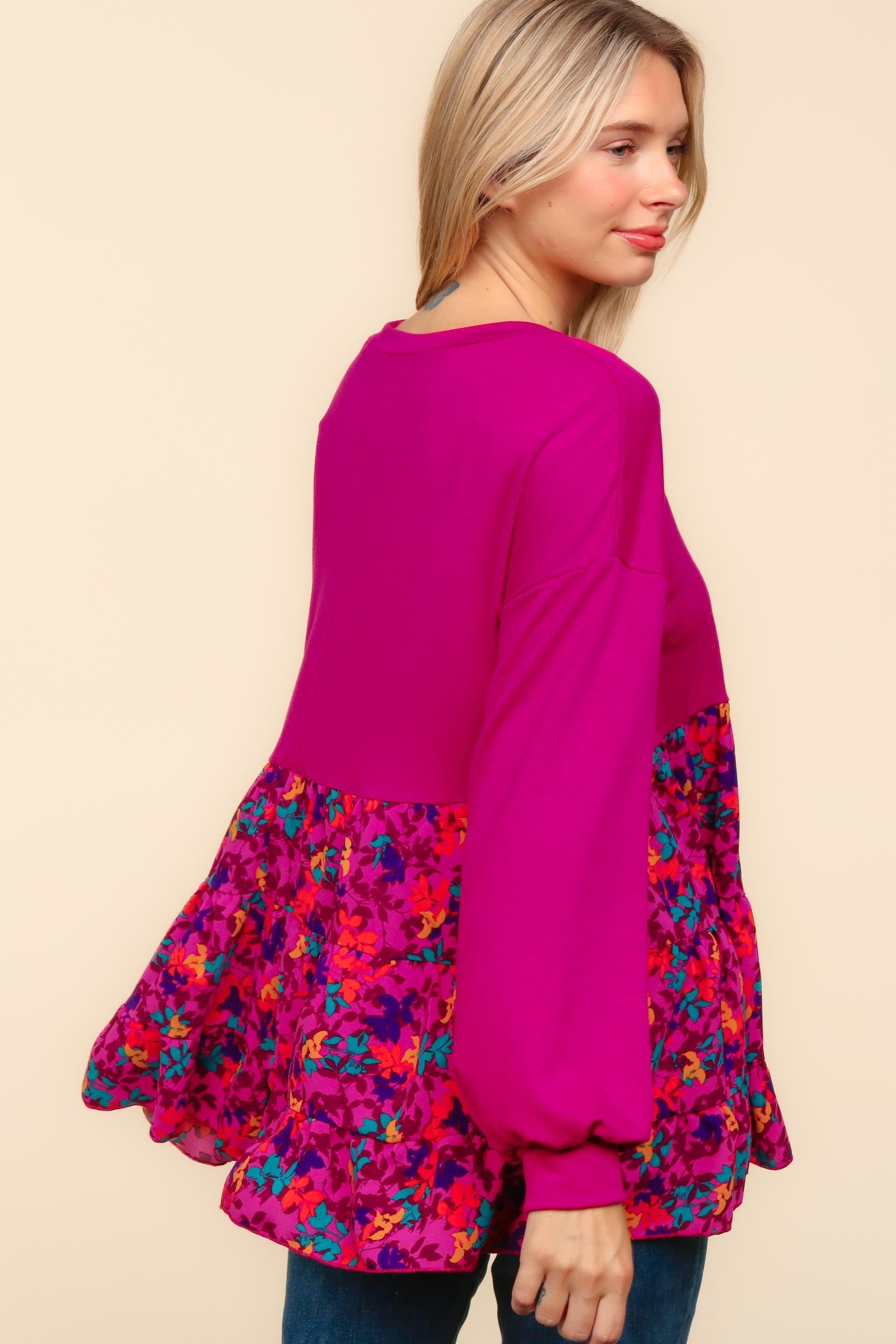 Haptics Berry Drop Shoulder Long Sleeve Babydoll Twofer Top