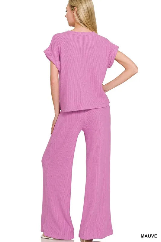 Zenana Mauve Rolled Sleeve Top and Pants Sweater Set