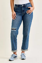 Judy Blue Mid Rise Boyfriend Embroidered Repair Patch Jeans MD
