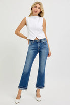 RISEN Dark Washed Mid Rise Ankle Straight Cuffed Jeans