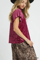 Umgee Berry Crushed Velvet Pleated Blouse