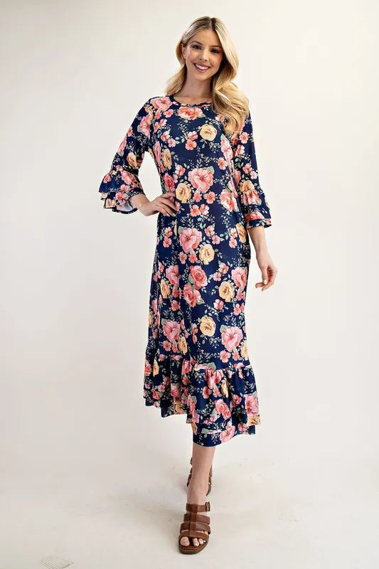 Celeste Soft Navy Floral Ruffle Trim Dress NAVY FLORAL