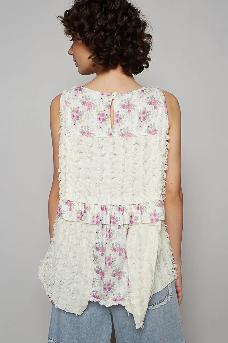 POL Ivory Floral Textured Woven Round Neck Sleeveless Blouse