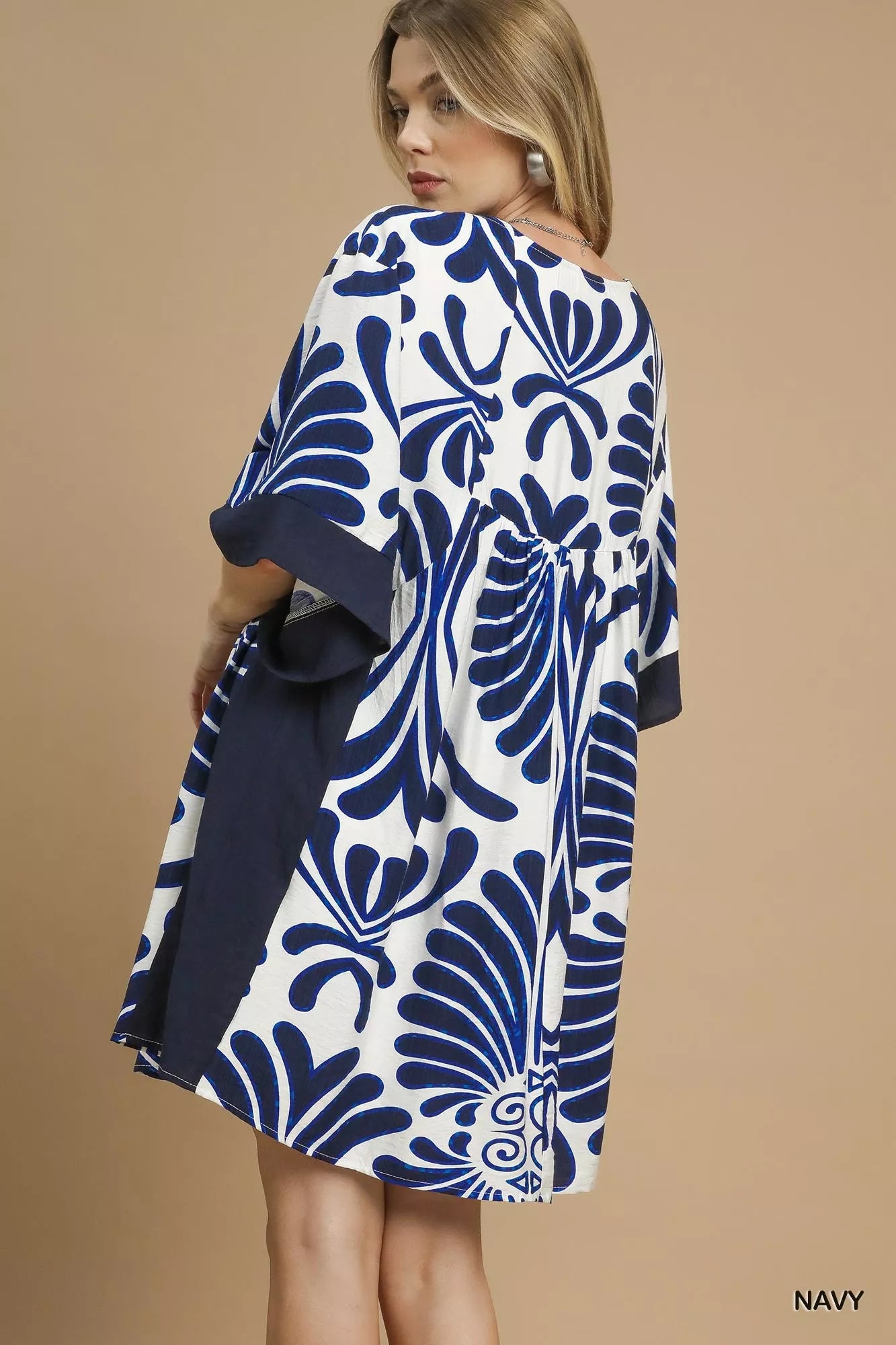 Umgee Navy Abstract Print Kimono Sleeve Mini Dress