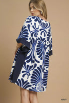 Umgee Navy Abstract Print Kimono Sleeve Mini Dress