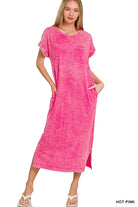 Zenana Hot Pink Acid Washed Exposed Seam Short Sleeve T-Shirt Dress HOT PINK