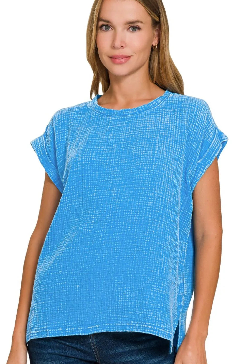 Zenana Deep Sky Woven Double Gauze Acid Washed Short Sleeve Top