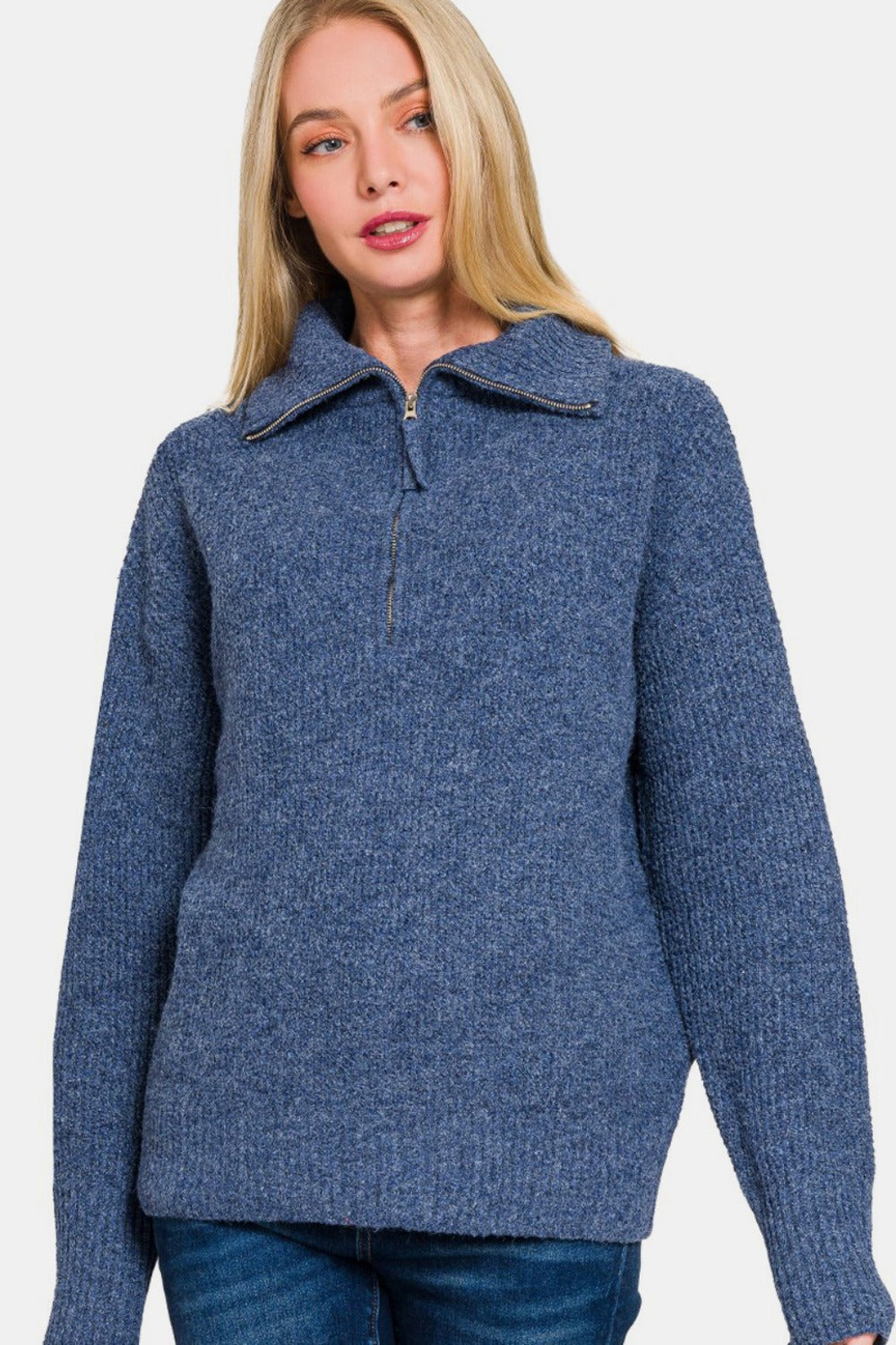 Zenana Navy Collared Half Zip Textured Long Sleeve Sweater Navy Shirts & Tops