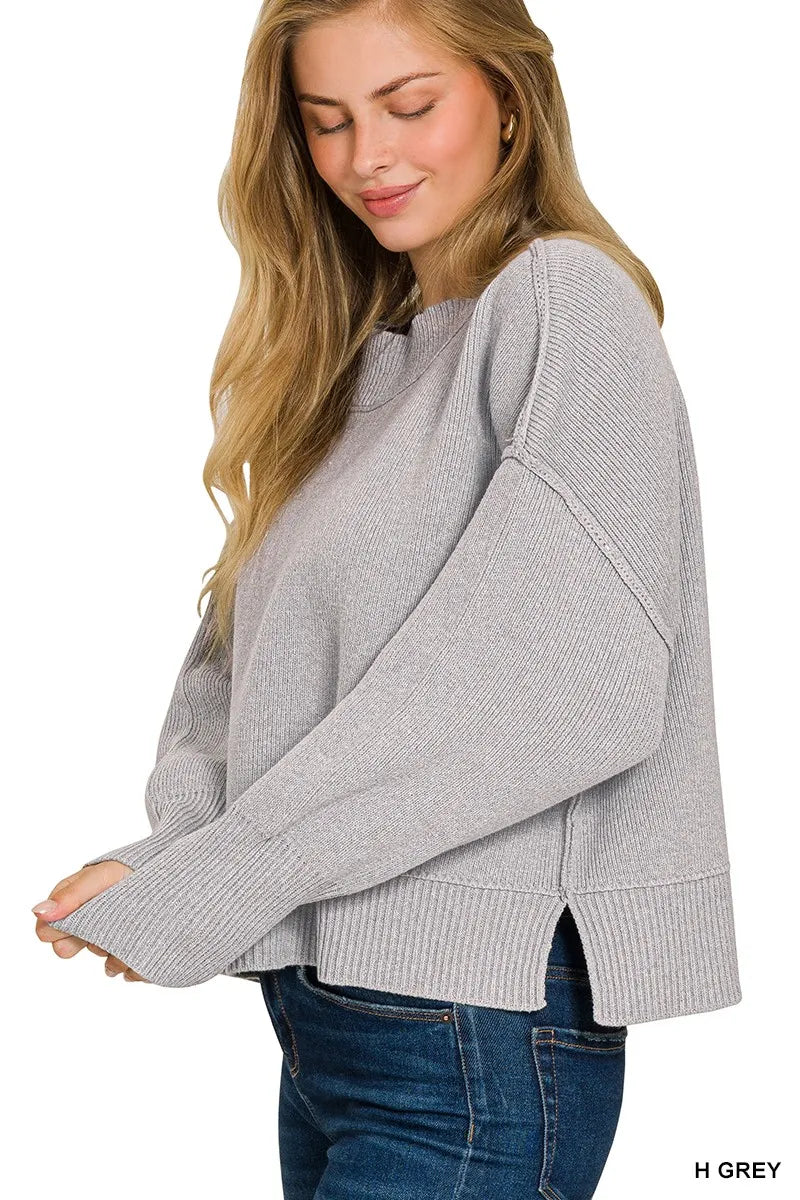 Zenana Heather Gray Wide Neck Band Drop Shoulder Sweater