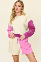 Double Take: 6 Colors: Quilted Textured Color Block Contrast Long Sleeve Drop Shoulder Top and Shorts Set Hot Pink Loungewear