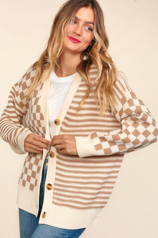 Haptics Taupe Checkered & Striped Button Down Cardigan Haptics