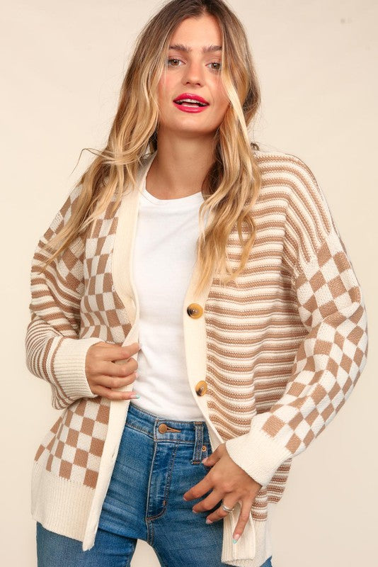 Haptics Taupe Checkered & Striped Button Down Cardigan Haptics