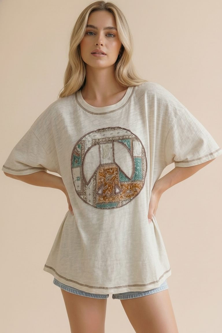 Haptics Boho Peace Patchwork Oversized Graphic Tee